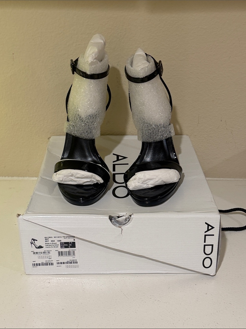 Aldo Black Patent Ankle Strap Heel Sandals